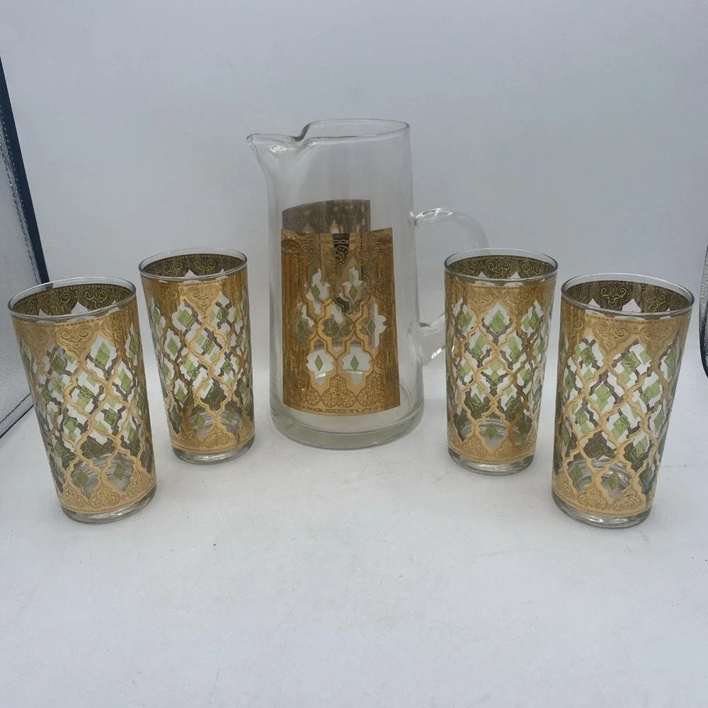 VTG MCM Culver Valencia  22k Gold Tumblers 5 Pc Glasses & Pitcher Barware Set